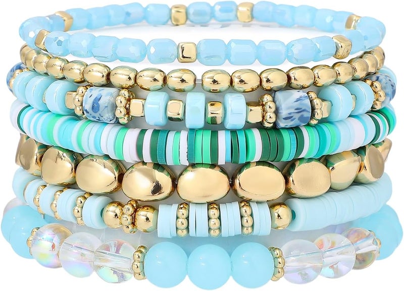 GOOJIDS Surfer Heishi Clay Bead Bracelets for Women Bohemian Stackable Gold Plated Beaded Stretch Bracelets Elastic Layering Friendship Bracelets Set Boho Jewelry - Image 1